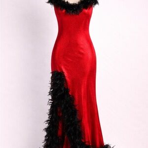 Red velvet  Evening Gown with Black Feather Trim